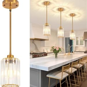 3 Pack Pendant Lights Kitchen Island, Modern Gold Crystal Pendant Light Fixtures, Mini Chandelier Haning Pendant Lights for Kitchen Hallway Dining Room Bedroom