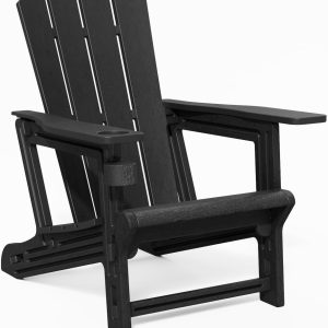 Adirondack Chair, HDPE All-Weather Fire Pit Chairs, Wooden Textured Plastic Adirondack Chairs with Cup Holders, Outdoor Lawn Chairs for Deck,Patio,Backyard,Black
