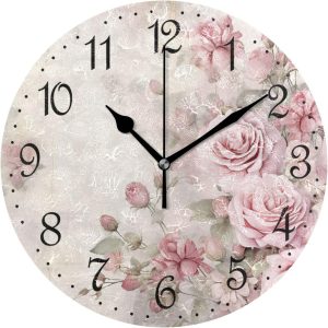 ALAZA Wall Clock Vintage Pink Roses Silent Non-Ticking Decorative Wall Clocks Battery Operated 10 Inch for Home Living Room Kitchen Bathroom Bedroom