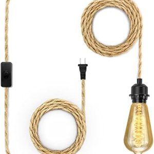 Plug in Pendant Light Cord, Farmhouse Hanging Lights with Plug in Cord, 15FT Hemp Rope Plugin Hanging Light Cord Kit with On/Off Switch, E26 E27 LightSocketCord
