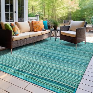 Rugshop Contemporary Stripe Reversible Foldable Waterproof Premium Recycled Plastic Outdoor Rugs for Patio,Backyard,RV,Deck,Picnic,Trailer,Beach,Camping Rug 6' X 9' Blue